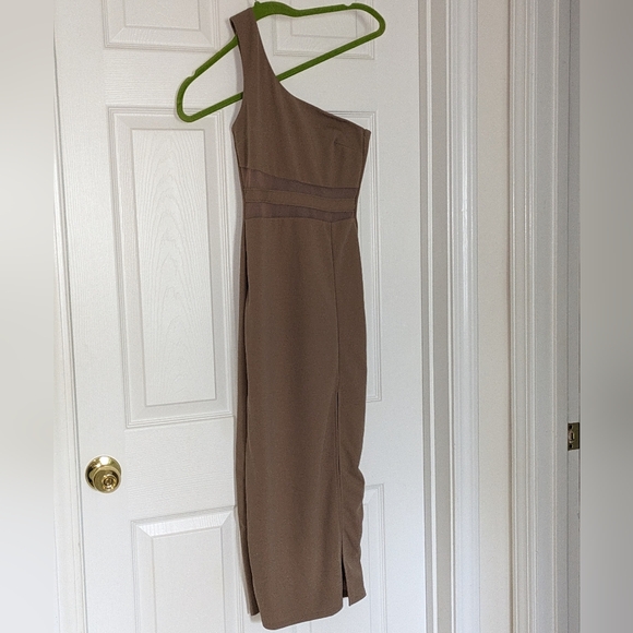 Exceptional Attitude Taupe Mesh One-Shoulder Bodycon Midi Dress Lulus Size XS - Picture 2 of 9